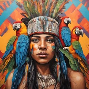 Native American Woman With Parrots
