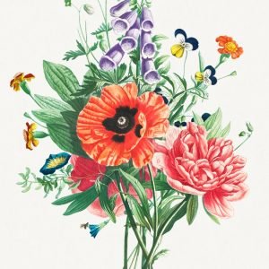 Bouquet of Red Purple Flowers: Foxglove, Clematis, Pansy, Peony, Poppy, Lily