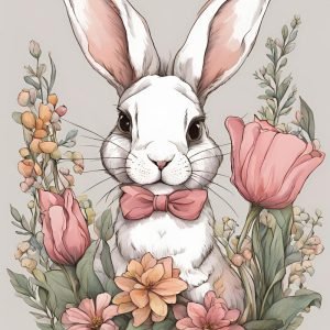 Bunny with Pink Flowers And Bow Tie