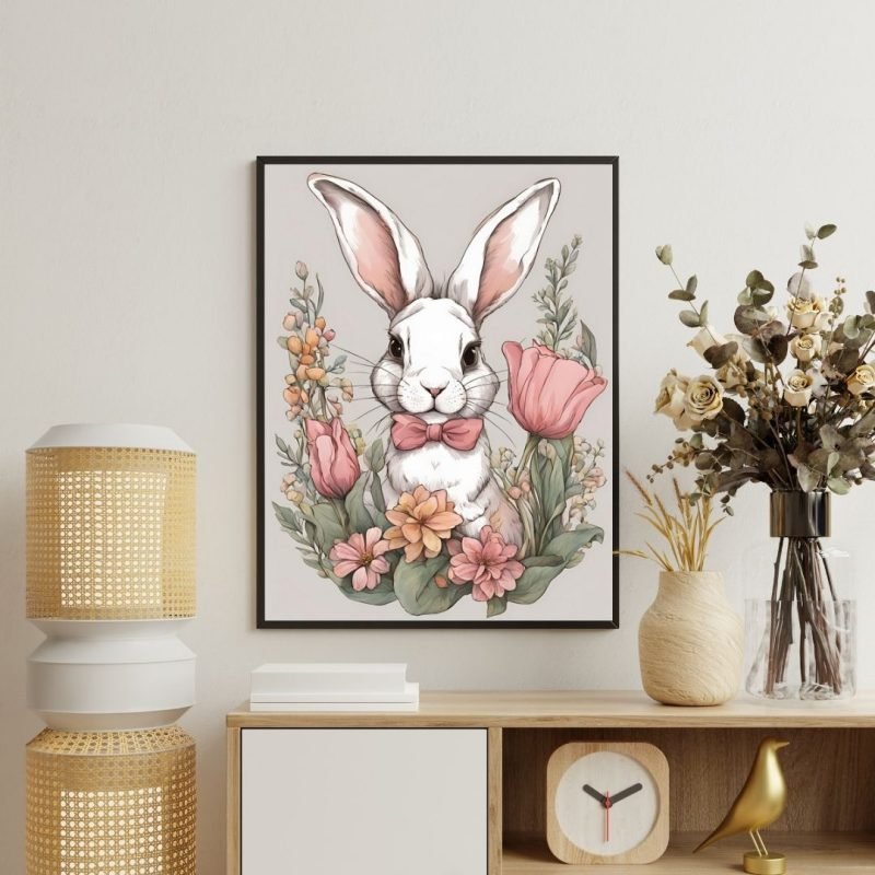 Bunny with Pink Flowers And Bow Tie Canvas