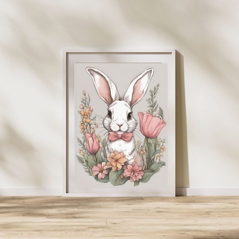 Bunny with Pink Flowers And Bow Tie Poster