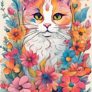 Cat with Colorful Flowers Painting