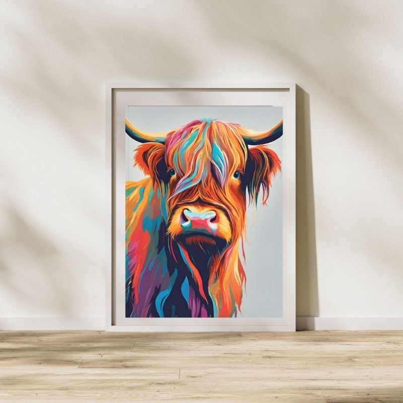 Colorful Hairy Highland Cow Art Print - Image 2