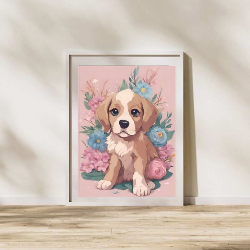 Cute Puppy Pink Floral Poster Print
