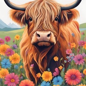 Floral Highland Cow Cartoon Painting