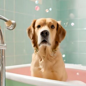 Golden Retriever in Bathtub