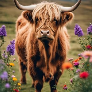 Highland Cow Among Colorful Flowers