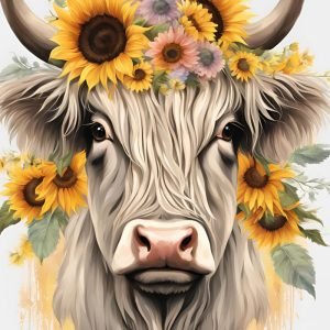 Highland Cow Head with Flower Crown