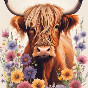 Highland Cow Painting with Flowers