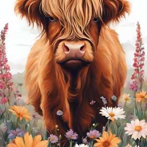 Highland Cow Picture with Flowers