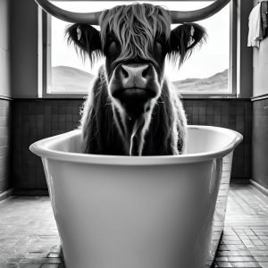 Highland Cow in Bathtub Black and White
