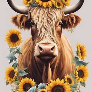 Highland Cow with Sunflowers Crown