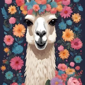 Llama with Colorful Flowers Crown