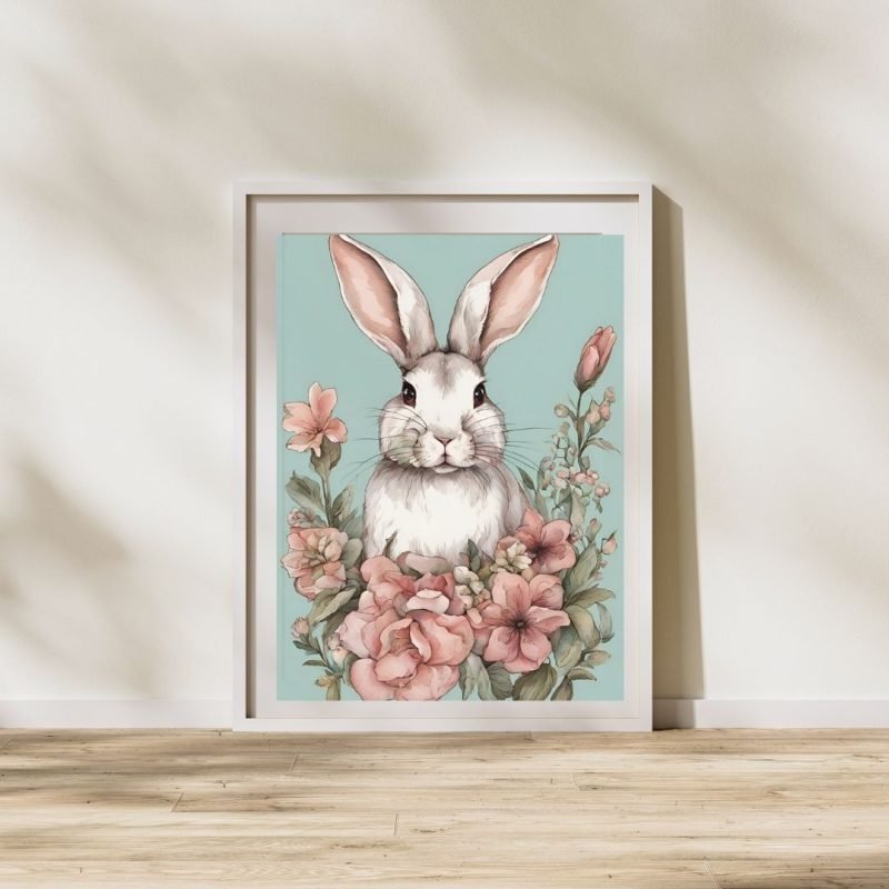 Turquoise Themed Bunny with Pink Flowers Canvas