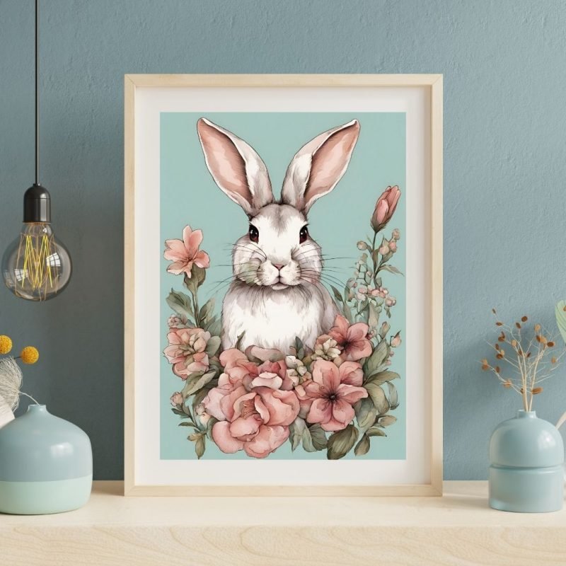 Turquoise Themed Bunny with Pink Flowers Canvas
