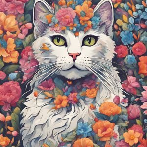 White Cat with Colorful Flowers