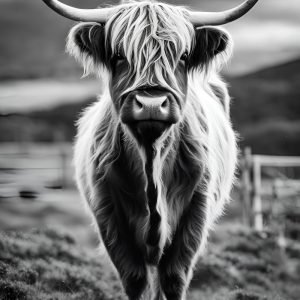 black and white highland cow framed print