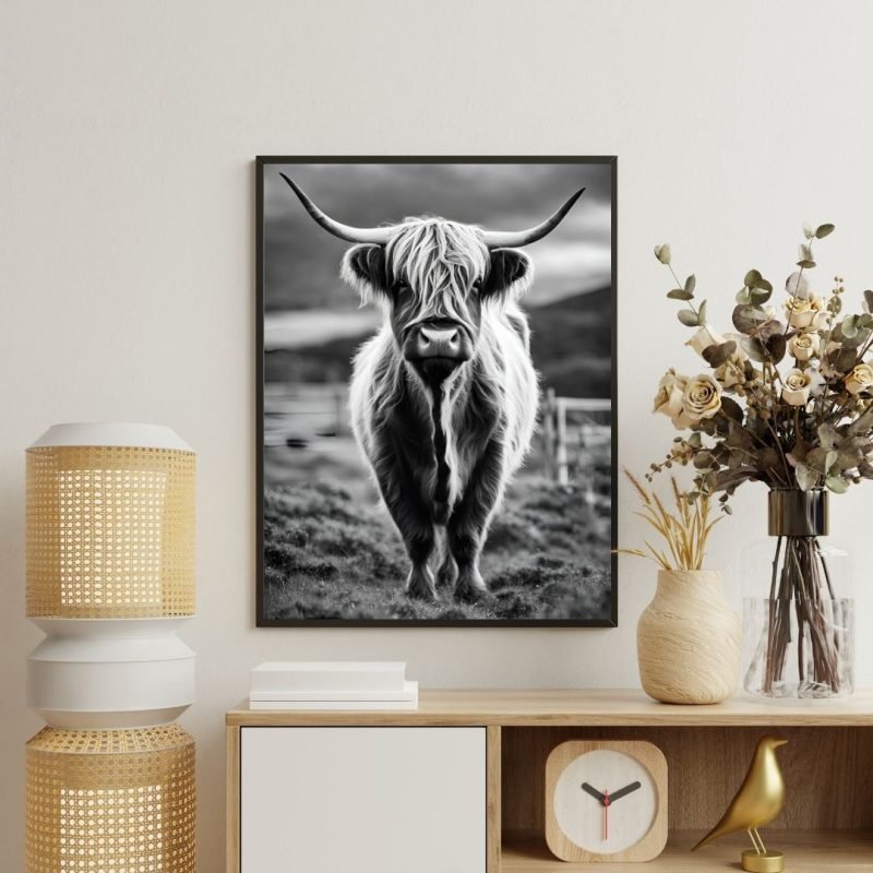 black and white highland cow framed print Canvas