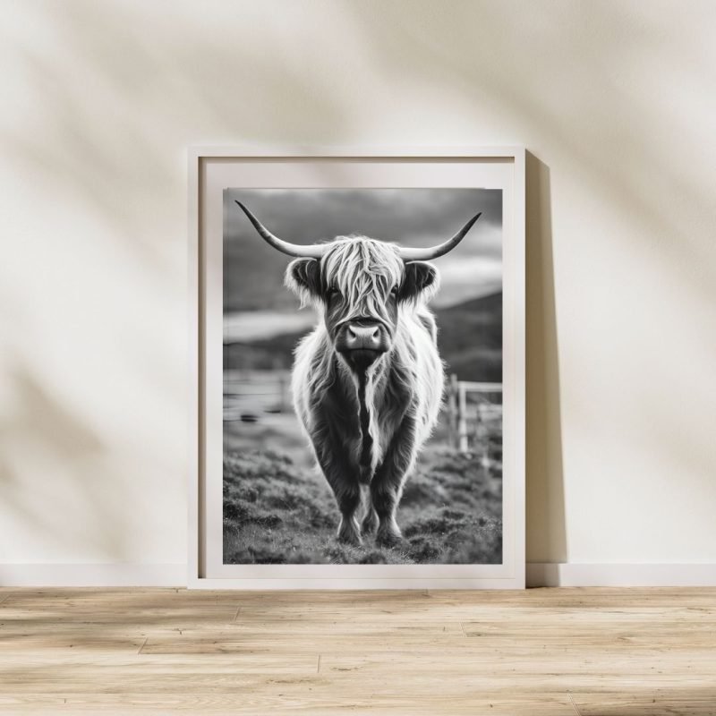 black and white highland cow framed print Poster