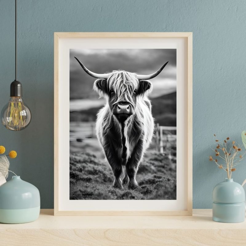 black and white highland cow framed print Wall Art