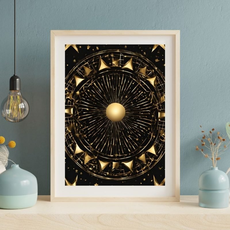 Abstract Black Gold Colour Sun and Stars Wall Art