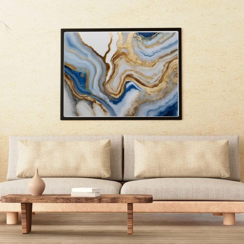 Aesthetic White Blue Gold Abstract Painting Canvas