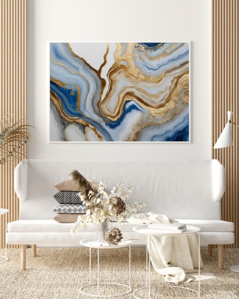 Aesthetic White Blue Gold Abstract Painting Poster