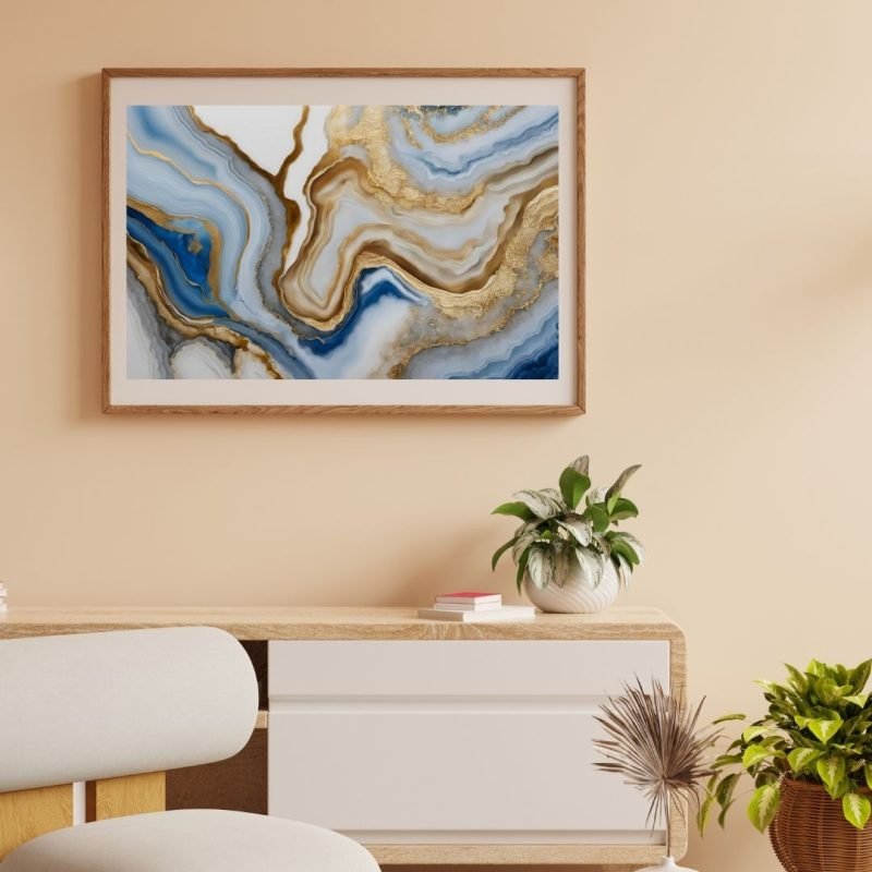 Aesthetic White Blue Gold Abstract Painting Wall Art