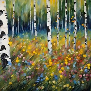 Birch and Wildflowers Painting Cascade Colors