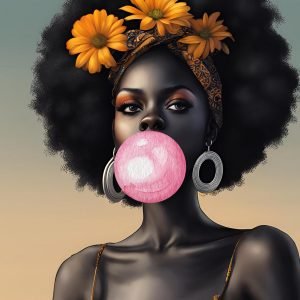 Black Afro Girl Blowing Bubble Gum