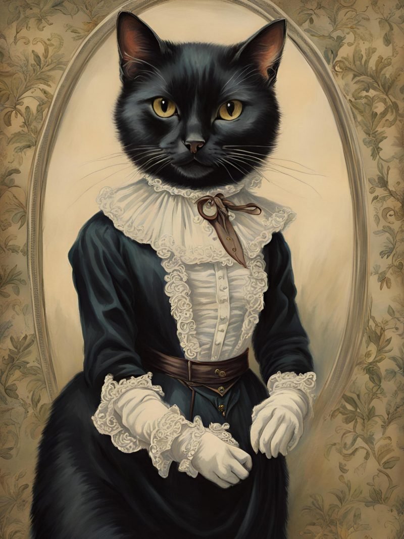 Black Cat in Victorian Dress Portrait Painting