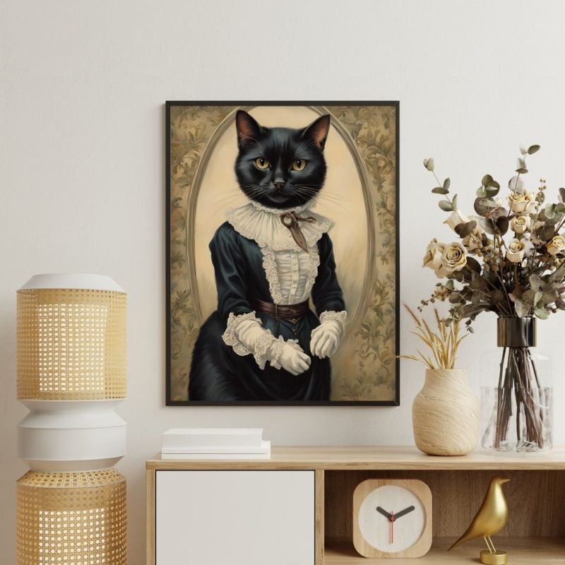 Black Cat in Victorian Dress Portrait Painting Canvas