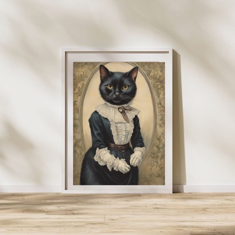 Black Cat in Victorian Dress Portrait Painting Poster
