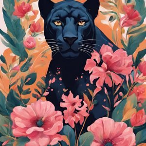 Black Panther Painting with Flowers