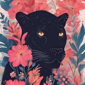 Black Panther in Pink Flowers