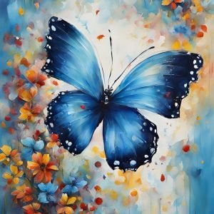 Blue Butterfly Abstract Floral Painting