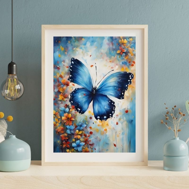 Blue Butterfly Abstract Floral Painting Wall Art