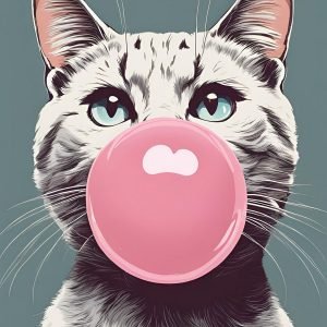 Blue Eyed White Cat Blowing Bubble Gum