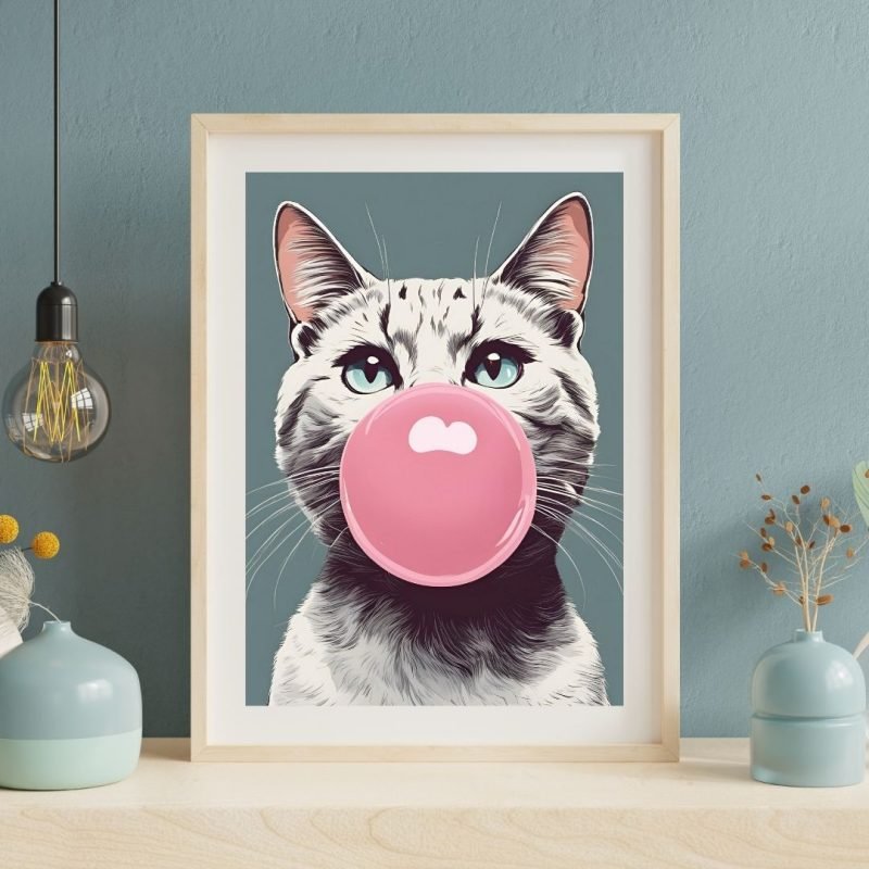 Blue Eyed White Cat Blowing Bubble Gum Wall Art