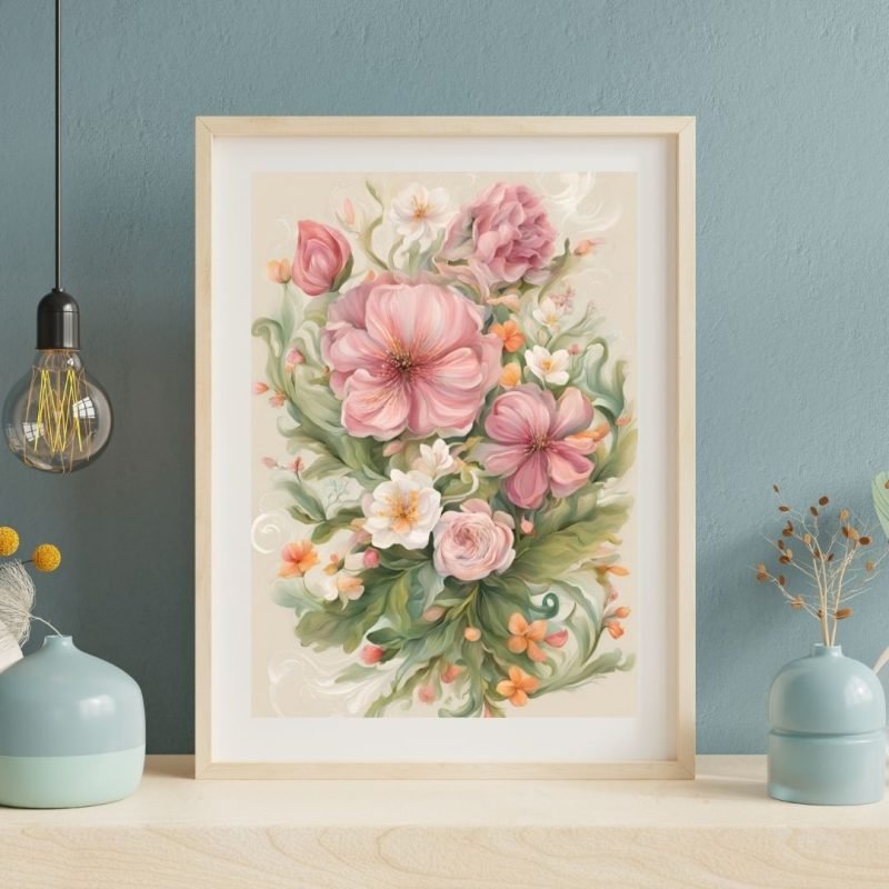 Blush Pink White Orange Flowers Wall Art