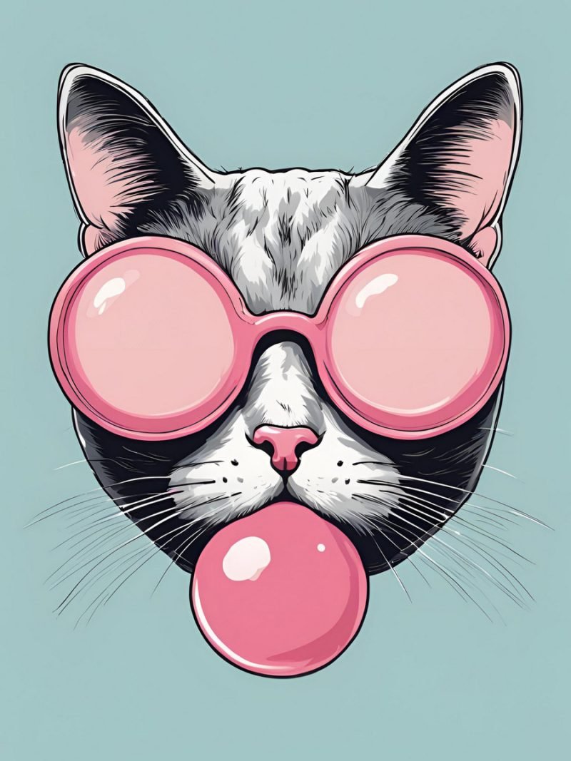 Cat with Sunglasses Blowing Bubble Gum