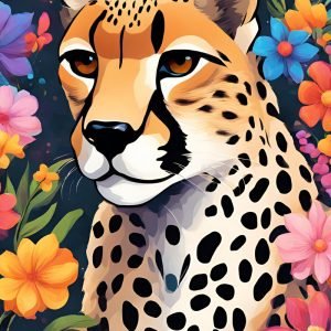 Cheetah Art Print with Flowers