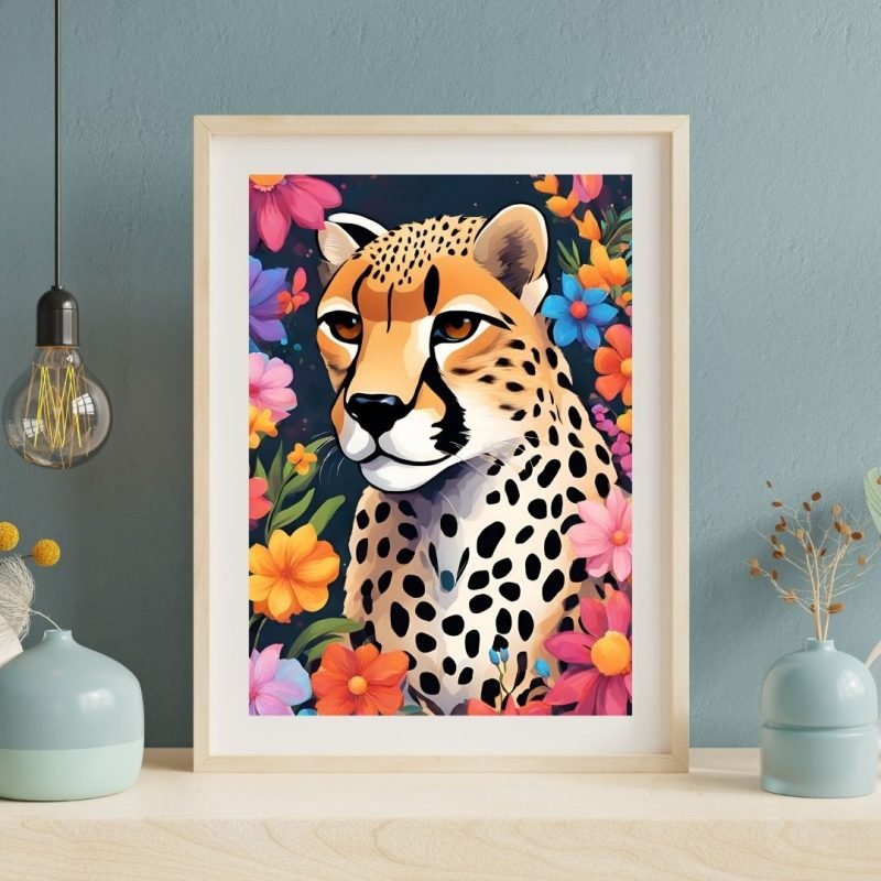 Cheetah Art Print with Flowers Wall Art