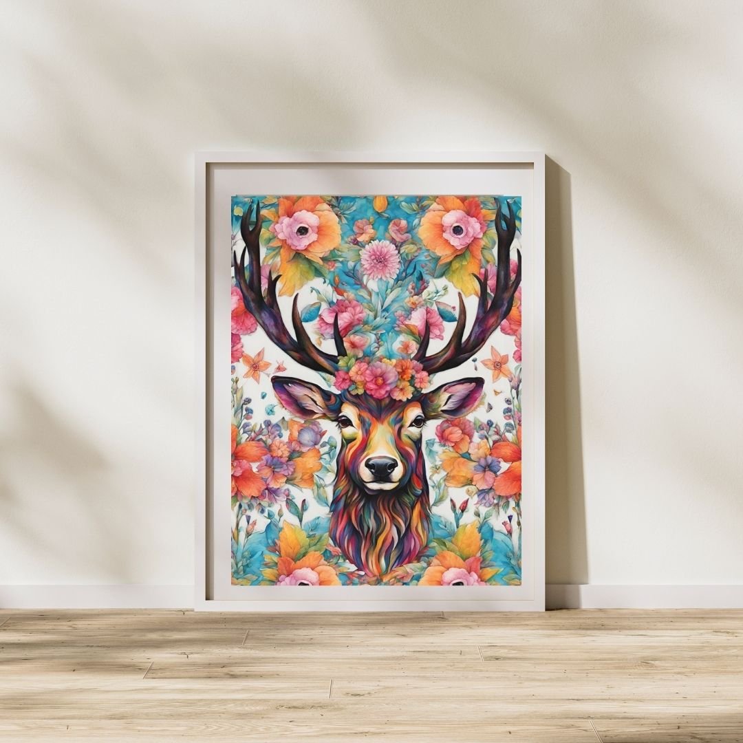 Colorful Stag with Flower Crown Poster