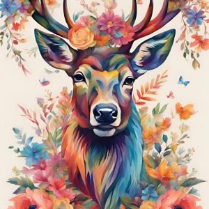 Colourful Stag Painting with Flowers