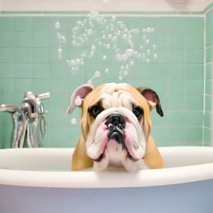 Cute Bulldog in Bathtub
