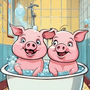 Cute Pigs in Bathtub Cartoon