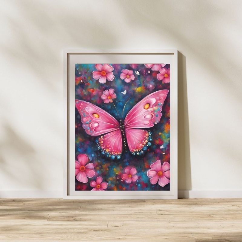 Fancy Pink Butterfly and Flowers Poster