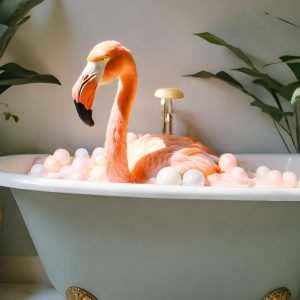 Flamingo in Bathtub with Bubbles