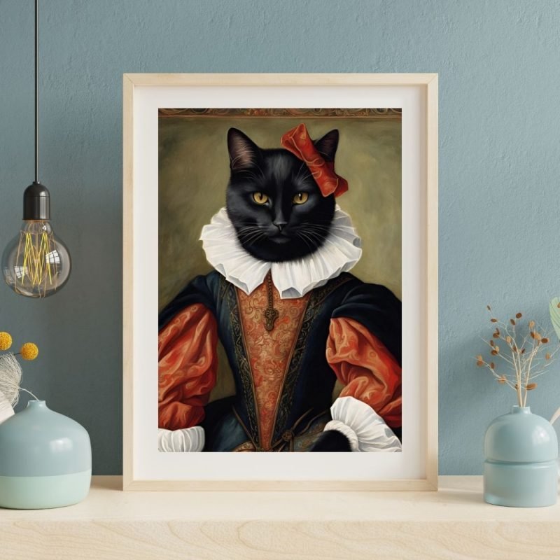 Funny Black Cat Renaissance Painting Wall Art